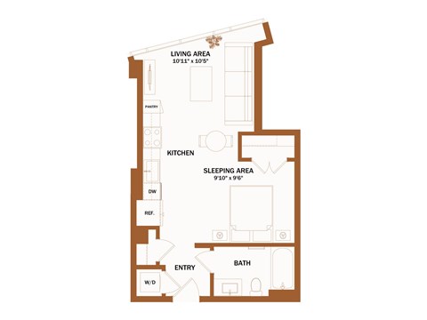 A brown floor plan of a house with a living area, kitchen, sleeping area, bathroom, and entry.